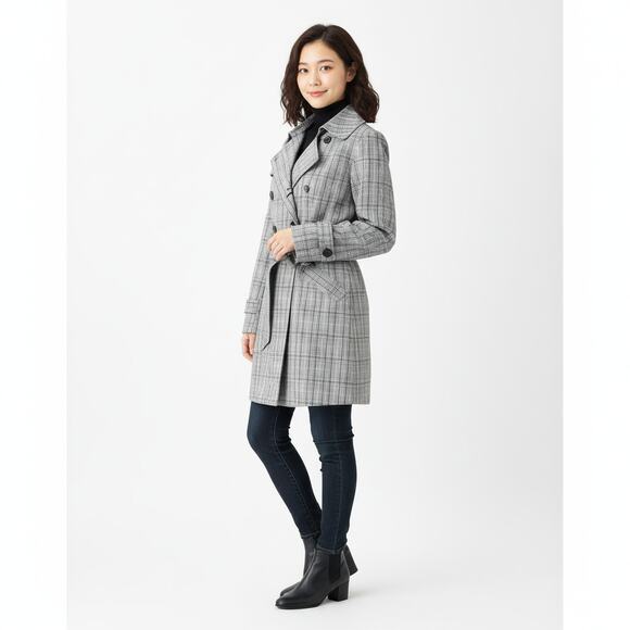 BCX Plaid Trench Coat L Black White Gray Belted Double Breasted Academia Y2K - Picture 1 of 14